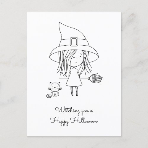Cute Witch and Cat Halloween Coloring Holiday Postcard