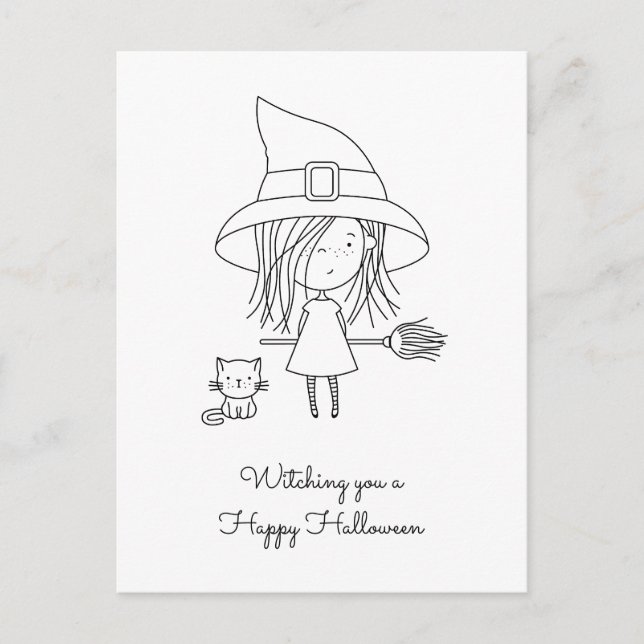 Cute Witch and Cat Halloween Coloring Holiday Postcard (Front)