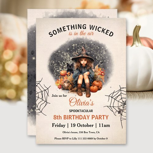 Cute Witch and Cat Halloween Girls Birthday Invitation