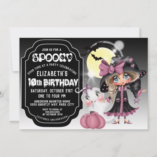 Cute Witch and Ghost Girls Halloween 10th Birthday Invitation