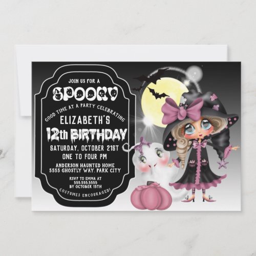 Cute Witch and Ghost Girls Halloween 12th Birthday Invitation