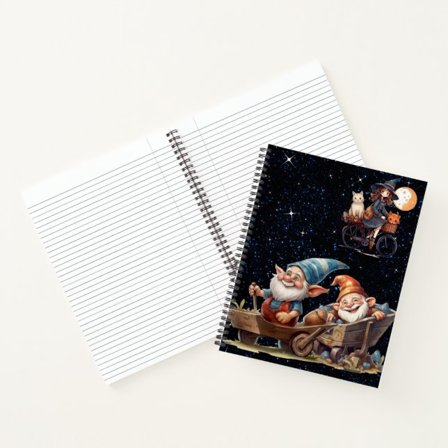 Cute Witch And Happy Gnomes Spiral Notebook (Inside)