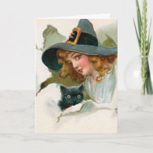 Cute Witch and Her Black Cat Halloween Card