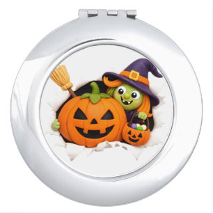 Cute Witch and Jack-o'-Lantern Clay Figurine Compact Mirror