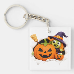 Cute Witch and Jack-o'-Lantern Clay Figurine Keychain