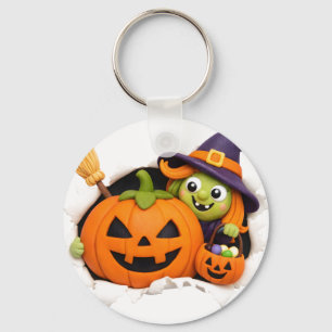 Cute Witch and Jack-o'-Lantern Clay Figurine Keychain