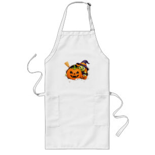 Cute Witch and Jack-o'-Lantern Clay Figurine Long Apron