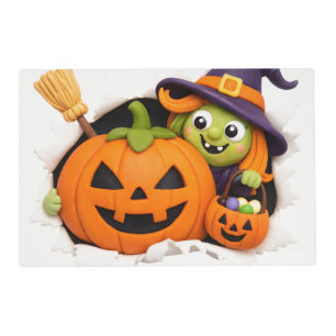 Cute Witch and Jack-o'-Lantern Clay Figurine Placemat