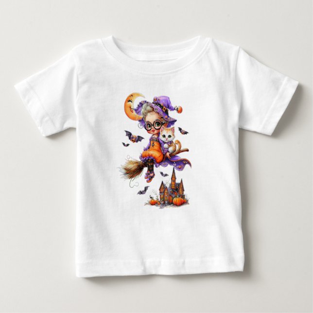 Cute Witch and Kitten on a Broom Baby T-Shirt (Front)