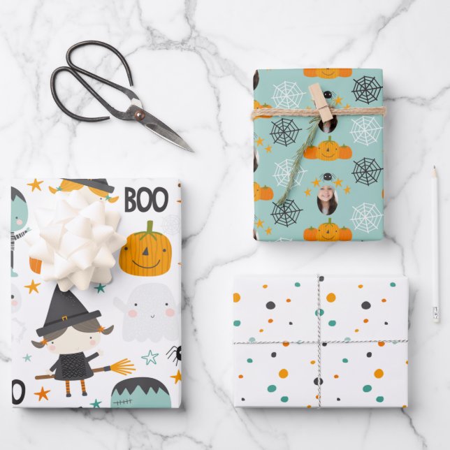 Cute witch and pumpkin personalized  wrapping paper sheets (Front)