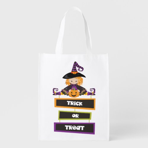 Cute Witch and Sign Trick or Treat Halloween Grocery Bag