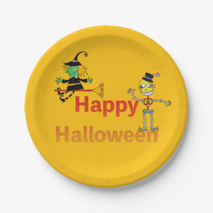 Cute Witch and Skeleton Halloween Fun Paper Plates