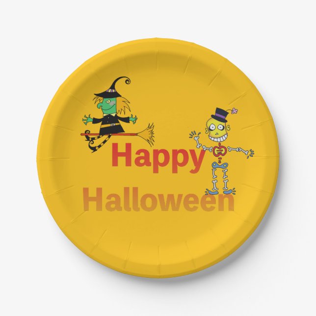 Cute Witch and Skeleton Halloween Fun Paper Plates (Front)