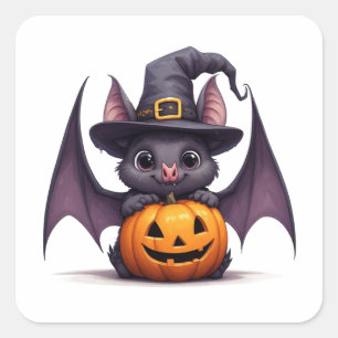 Cute Witch Bat And Pumpkin Halloween Fun 👻 Square Sticker
