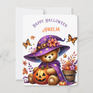 Cute Witch Bear Pumpkin Happy Halloween Holiday Card