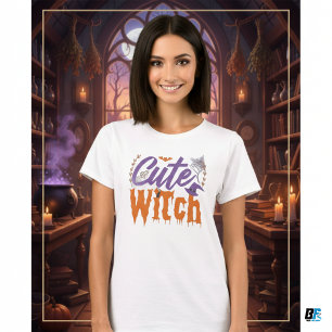 Cute Witch Black and White Womens Halloween T-Shirt