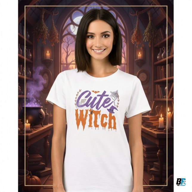 Cute Witch Black and White Womens Halloween  T-Shirt (Creator Uploaded)