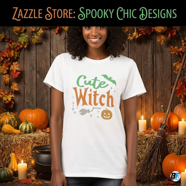 Cute Witch Black and White Womens Halloween  T-Shirt (Creator Uploaded)