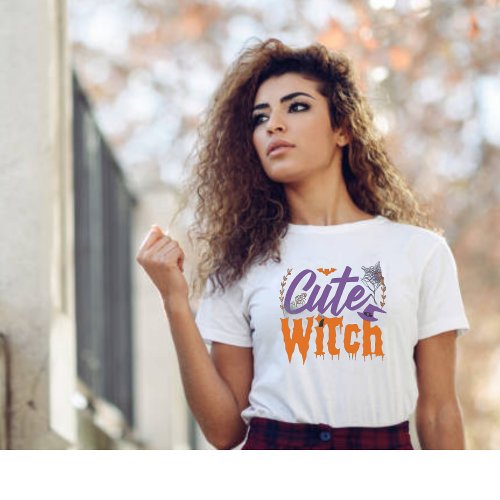 Cute Witch Black and White Womens Halloween  T_Shirt