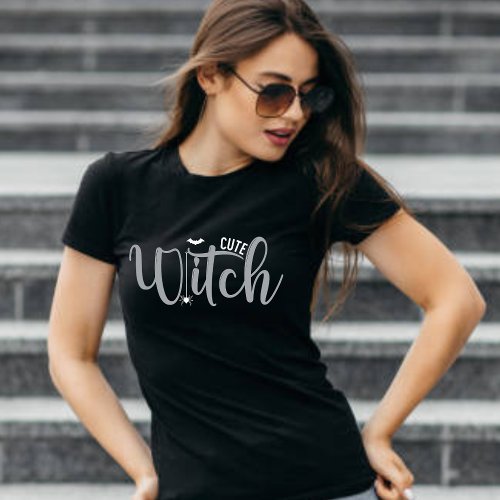 Cute Witch Black and White Womens Halloween  T_Shirt