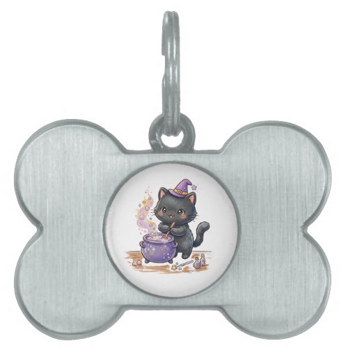 Cute Witch Black Cat Brewing Magic Potion Hallowee Pet ID Tag