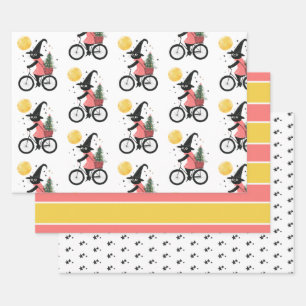 Cute Witch Black Cat Cycling Spooky Christmas Wrapping Paper Sheets