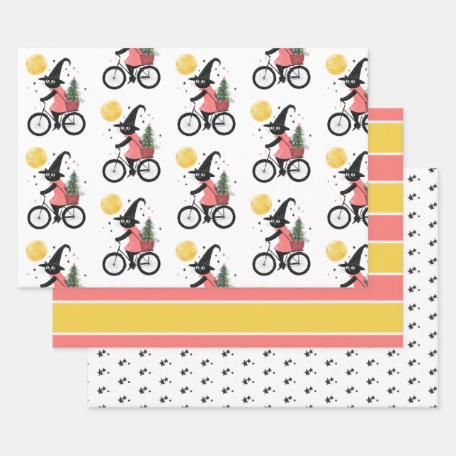 Cute Witch Black Cat Cycling Spooky Christmas Wrapping Paper Sheets (Set)