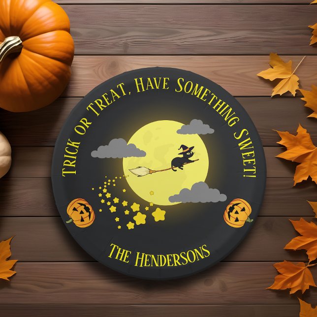 Cute Witch Black Cat Halloween Fun Trick or Treat Paper Plates (Creator Uploaded)
