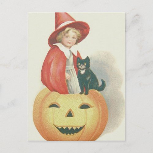 Cute Witch Black Cat Jack O Lantern Postcard