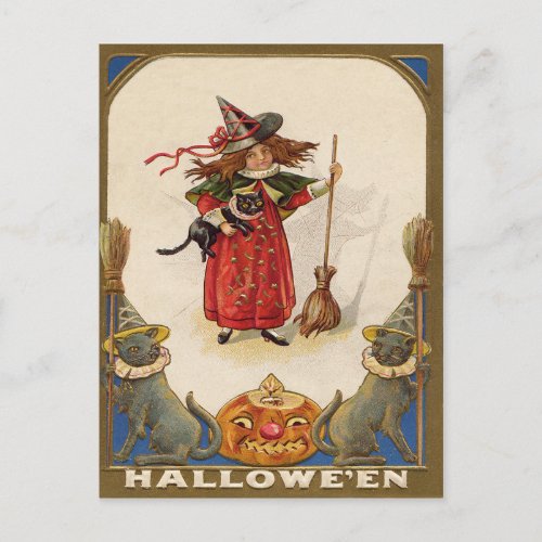 Cute Witch Black Cat Jack O Lantern Postcard