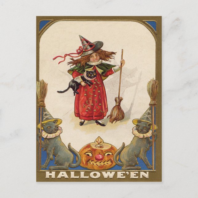 Cute Witch Black Cat Jack O' Lantern Postcard (Front)
