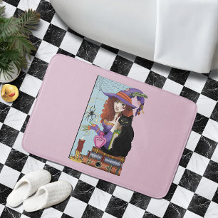 Cute Witch Black Cat Pink Potions Books Bath Mat
