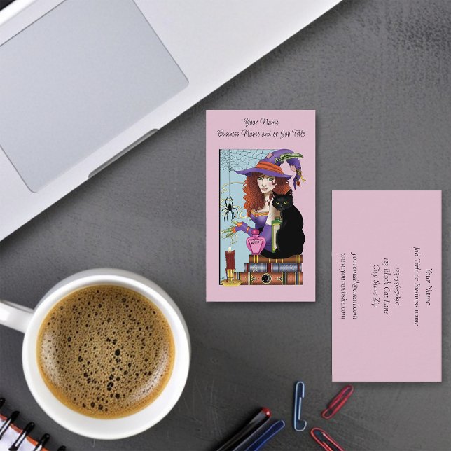 Cute Witch Black Cat Pink Potions Books Business Card (Creator Uploaded)