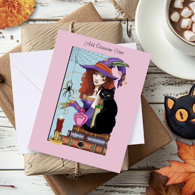 Cute Witch Black Cat Pink Potions Books Card (Creator Uploaded)