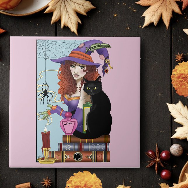 Cute Witch Black Cat Pink Potions Books Ceramic Tile (Creator Uploaded)