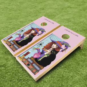 Cute Witch Black Cat Pink Potions Books Cornhole Set
