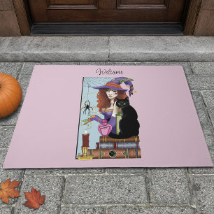 Cute Witch Black Cat Pink Potions Books Doormat