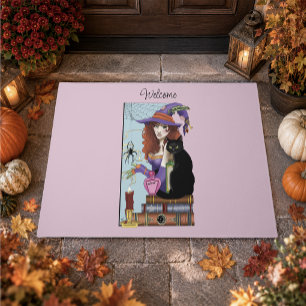 Cute Witch Black Cat Pink Potions Books Doormat