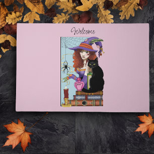 Cute Witch Black Cat Pink Potions Books Doormat