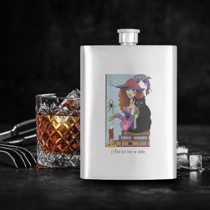 Cute Witch Black Cat Pink Potions Books Flask