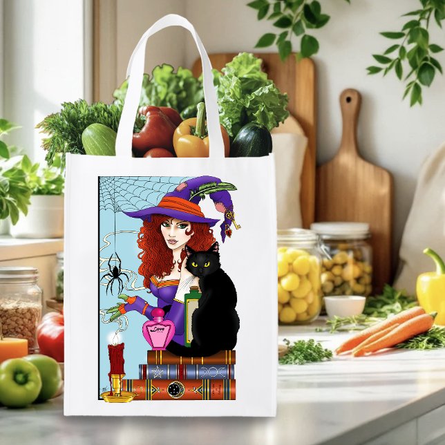 Cute Witch Black Cat Pink Potions Books Grocery Bag (Creator Uploaded)