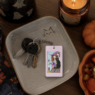 Cute Witch Black Cat Pink Potions Books Keychain