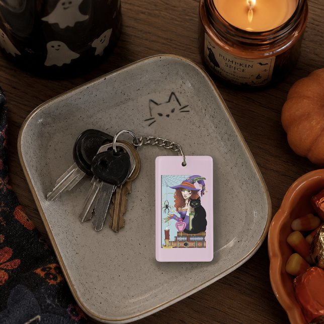 Cute Witch Black Cat Pink Potions Books Keychain (Creator Uploaded)