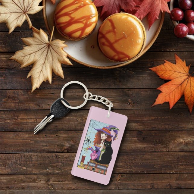Cute Witch Black Cat Pink Potions Books Keychain (Creator Uploaded)