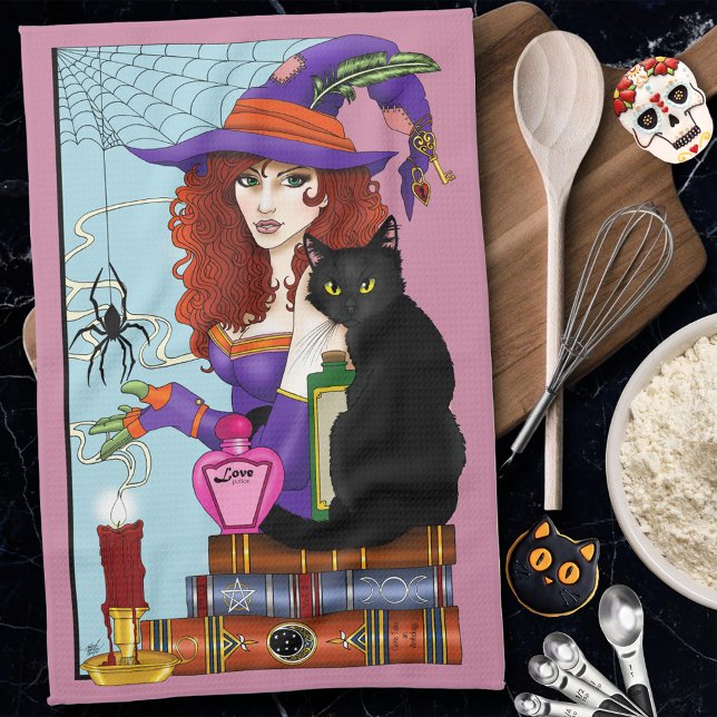 Cute Witch Black Cat Pink Potions Books Kitchen Towel (Creator Uploaded)