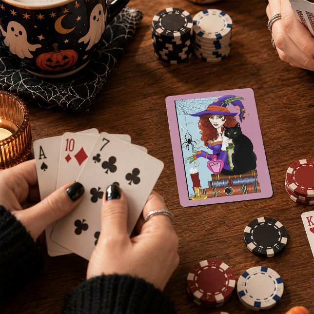 Cute Witch Black Cat Pink Potions Books Poker Cards (Creator Uploaded)
