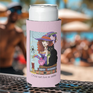 Cute Witch Black Cat Pink Potions Books Seltzer Can Cooler