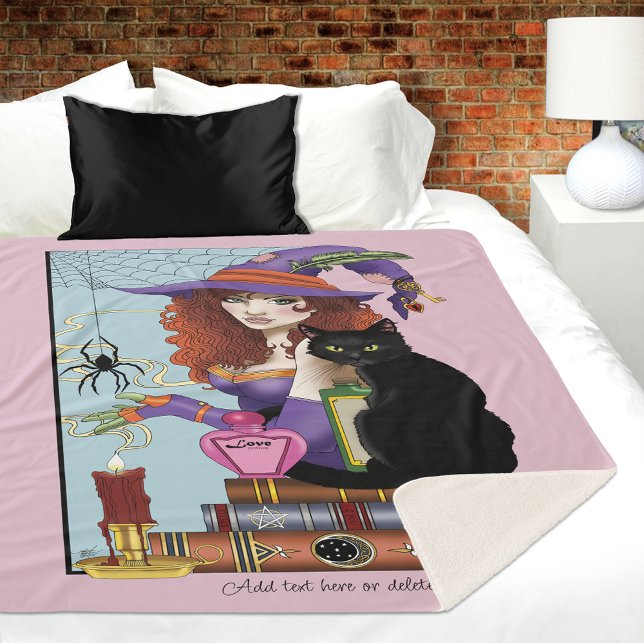 Cute Witch Black Cat Pink Potions Books Sherpa Blanket (Creator Uploaded)
