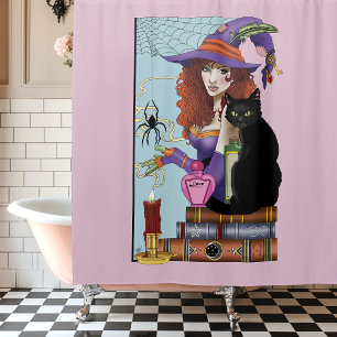 Cute Witch Black Cat Pink Potions Books Shower Curtain
