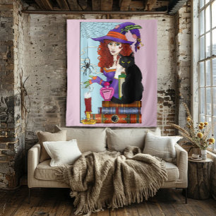Cute Witch Black Cat Pink Potions Books Tapestry
